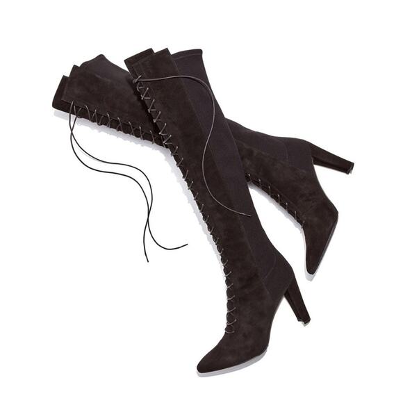 Stuart Weitzman Highstring Suede Lace Up Over Knee Boots Black 6M - Picture 2 of 12